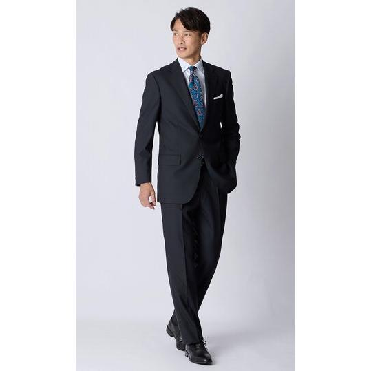 【洋服の青山】ウール100% プレミアム スーツ メンズ スリム 秋冬  ネイビー 紺 無地 織柄 2ボタン 総裏 サイドベンツ ワンタック 吸湿裏地 静電気抑制の画像