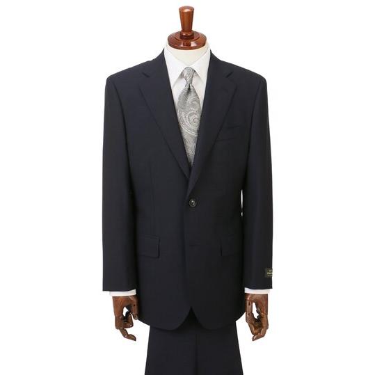 【洋服の青山】ウール100% プレミアム スーツ メンズ スリム 秋冬  ネイビー 紺 無地 織柄 2ボタン 総裏 サイドベンツ ワンタック 吸湿裏地 静電気抑制の画像