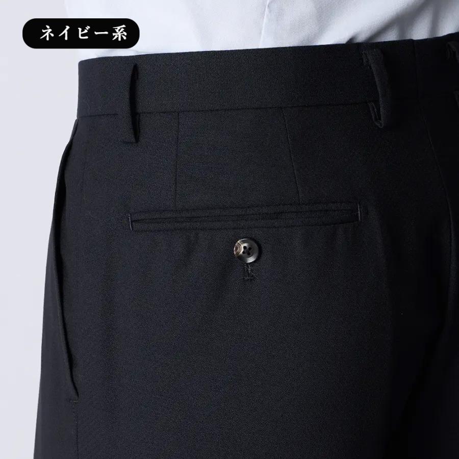【洋服の青山】ウール100% プレミアム スーツ メンズ スリム 秋冬  ネイビー 紺 無地 織柄 2ボタン 総裏 サイドベンツ ワンタック 吸湿裏地 静電気抑制の画像