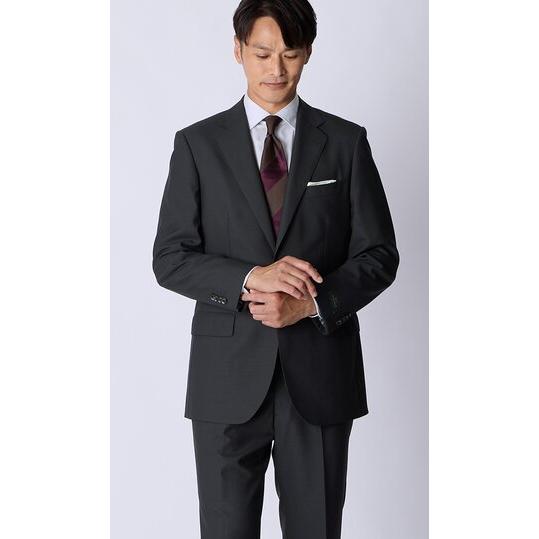 【洋服の青山】ウール100% プレミアム スーツ メンズ スリム 秋冬 グレー 灰色 無地 織柄 2ボタン 総裏 サイドベンツ ワンタック 吸湿裏地 静電気抑制の画像