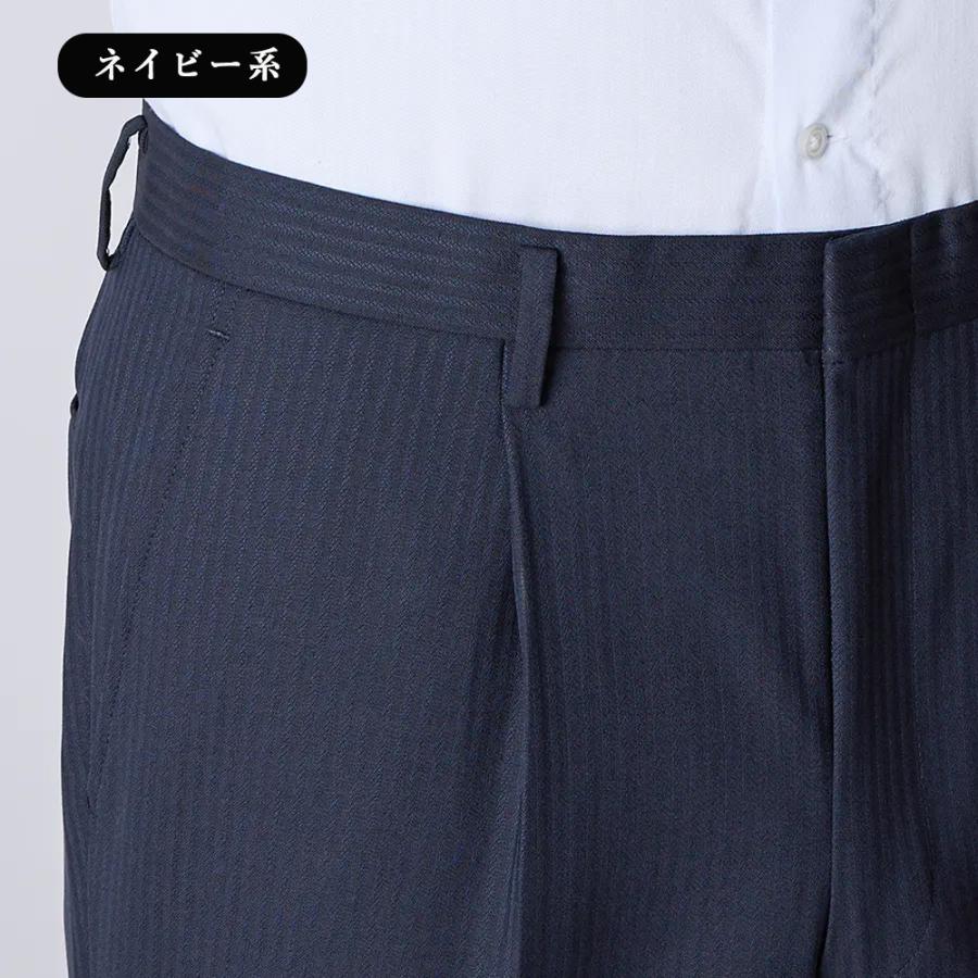 【洋服の青山】ウール100% プレミアム スーツ メンズ スリム 秋冬 ネイビー 紺 ストライプ 2ボタン 総裏 サイドベンツ ワンタック 吸湿裏地 静電気抑制の画像