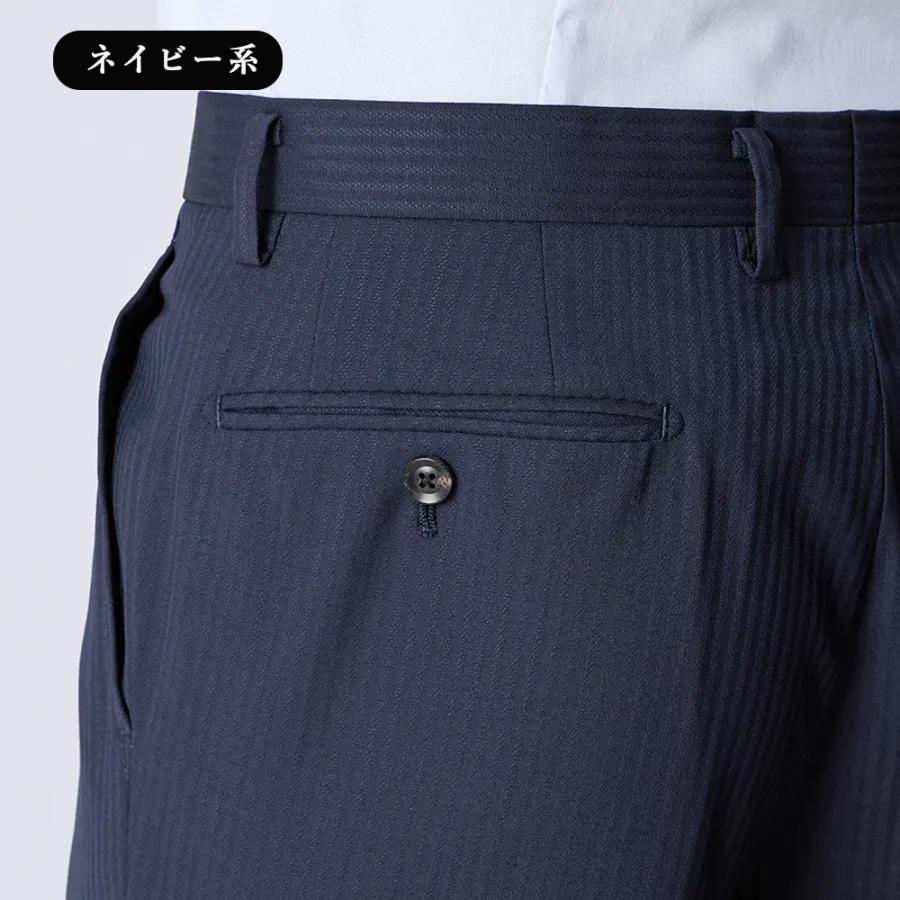 【洋服の青山】ウール100% プレミアム スーツ メンズ スリム 秋冬 ネイビー 紺 ストライプ 2ボタン 総裏 サイドベンツ ワンタック 吸湿裏地 静電気抑制の画像
