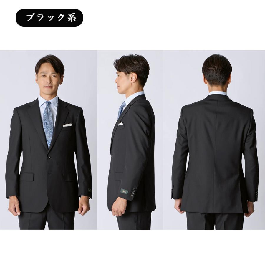 【洋服の青山】ウール100% プレミアム スーツ メンズ スリム 秋冬 ブラック 黒 ストライプ 2ボタン 総裏 サイドベンツ ワンタック 吸湿裏地 静電気抑制の画像