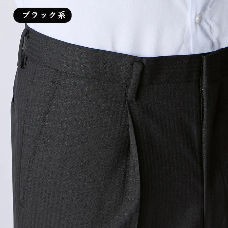 【洋服の青山】ウール100% プレミアム スーツ メンズ スリム 秋冬 ブラック 黒 ストライプ 2ボタン 総裏 サイドベンツ ワンタック 吸湿裏地 静電気抑制の画像