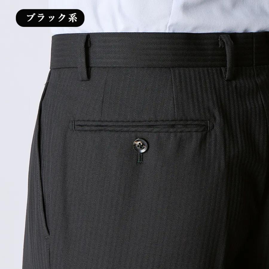 【洋服の青山】ウール100% プレミアム スーツ メンズ スリム 秋冬 ブラック 黒 ストライプ 2ボタン 総裏 サイドベンツ ワンタック 吸湿裏地 静電気抑制の画像