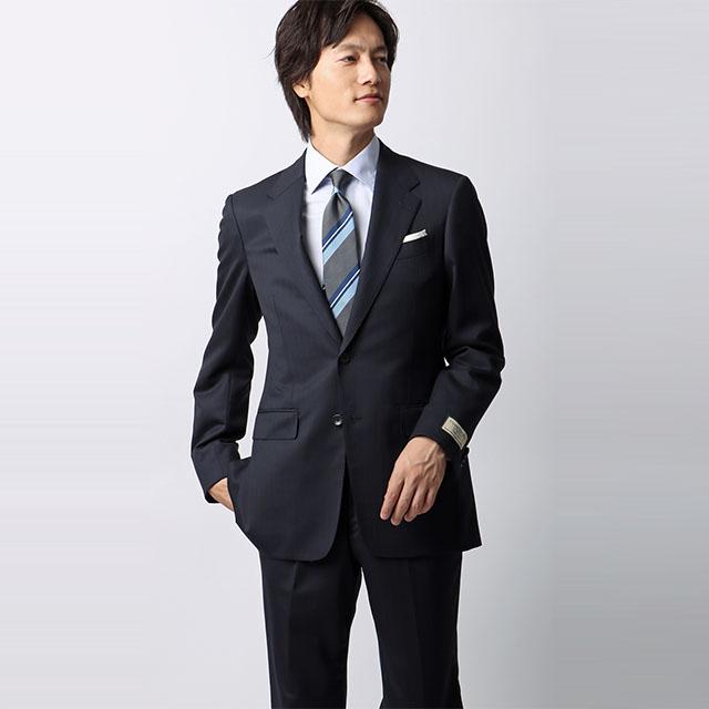 【洋服の青山】プレミアム ウール カシミヤ混 スーツ メンズ スリム 秋冬 ネイビー 紺 ストライプ SUPER100’S 大きいサイズ シングル 2ボタン サイドベンツの画像