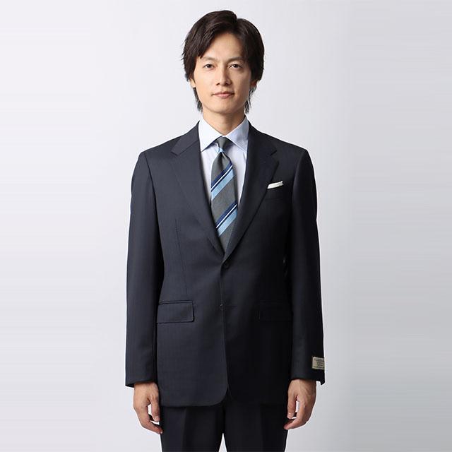【洋服の青山】プレミアム ウール カシミヤ混 スーツ メンズ スリム 秋冬 ネイビー 紺 ストライプ SUPER100’S 大きいサイズ シングル 2ボタン サイドベンツの画像