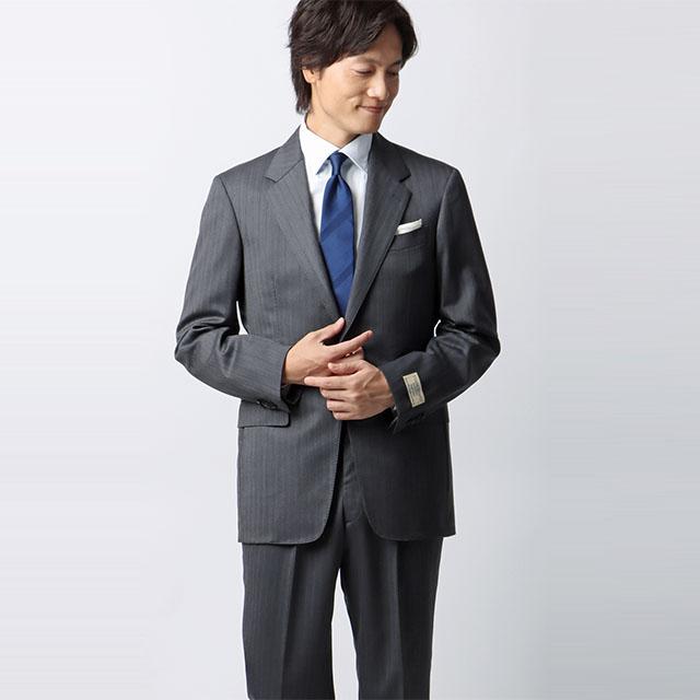 【洋服の青山】プレミアム ウール カシミヤ混 スーツ メンズ スリム 秋冬 グレー 灰色 ストライプ SUPER100’S 大きいサイズ シングル 2ボタン サイドベンツの画像