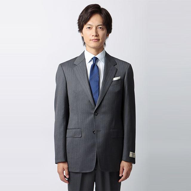 【洋服の青山】プレミアム ウール カシミヤ混 スーツ メンズ スリム 秋冬 グレー 灰色 ストライプ SUPER100’S 大きいサイズ シングル 2ボタン サイドベンツの画像