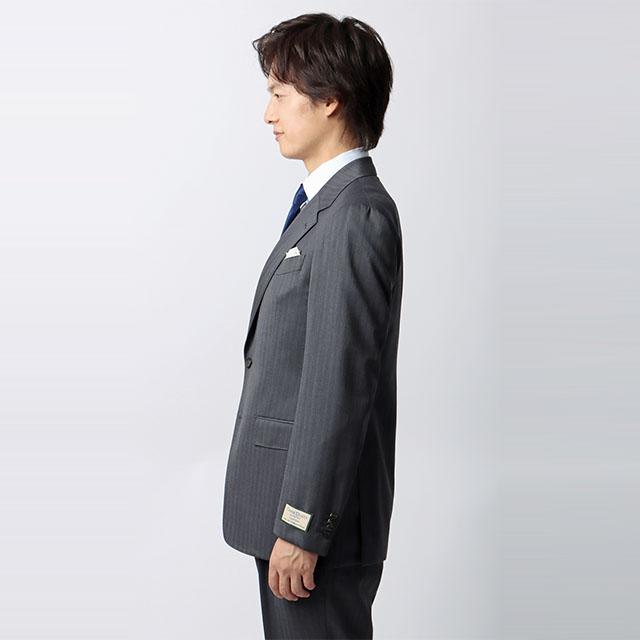 【洋服の青山】プレミアム ウール カシミヤ混 スーツ メンズ スリム 秋冬 グレー 灰色 ストライプ SUPER100’S 大きいサイズ シングル 2ボタン サイドベンツの画像