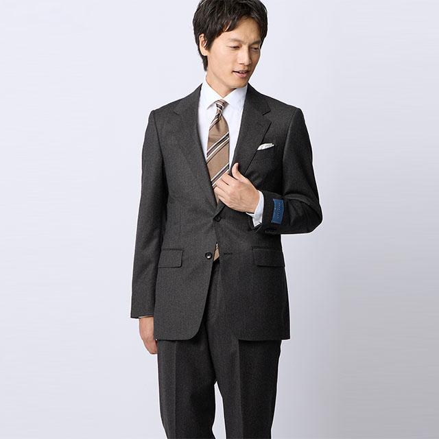 【洋服の青山】プレミアム ウール100% スーツ メンズ スリム 秋冬 グレー 2ボタン 総裏 サイドベンツ ストレッチ 動きやすい 静電気防止 ビジネス 会議 商談の画像