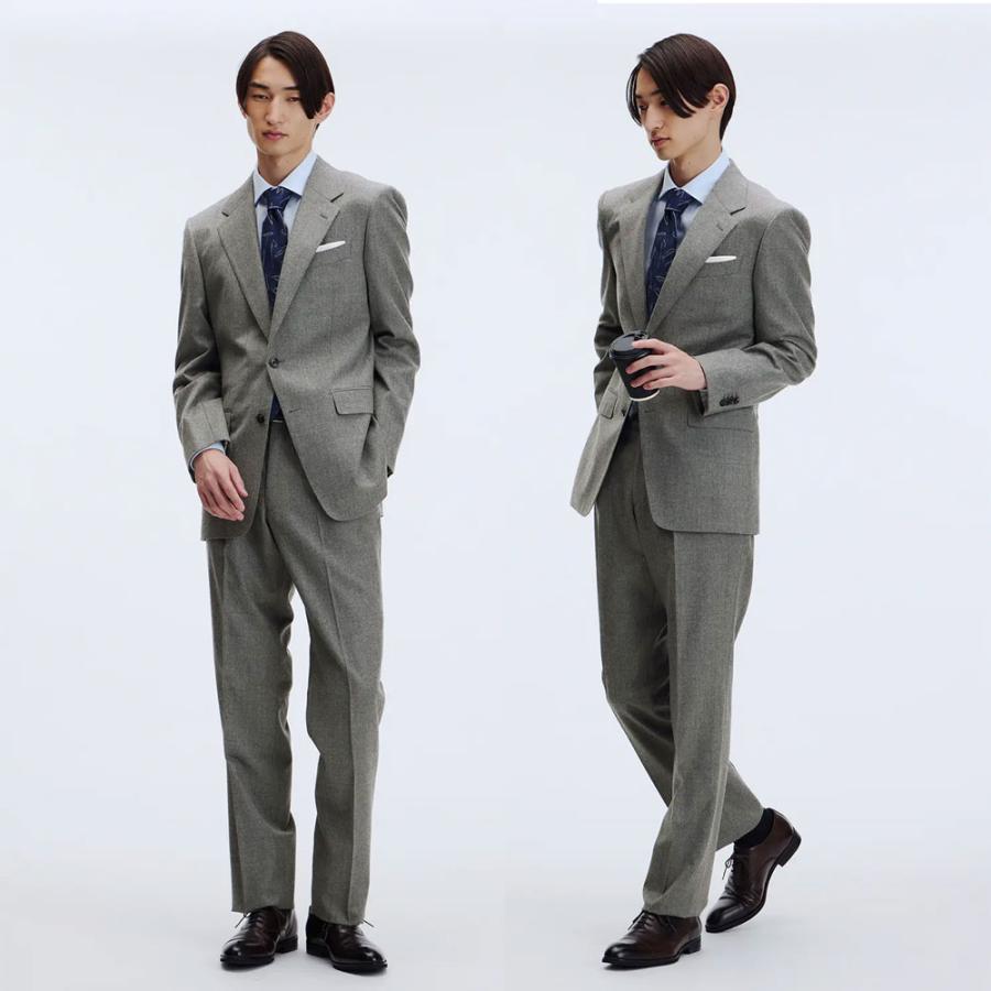 【洋服の青山】プレミアム ウール100% スーツ メンズ スリム 秋冬 グレー 灰色 織柄 2ボタン 総裏 サイドベンツ 本切羽 ワンタック ストレッチ 動きやすいの画像