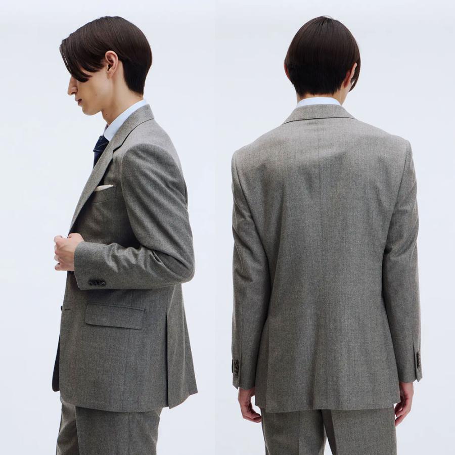 【洋服の青山】プレミアム ウール100% スーツ メンズ スリム 秋冬 グレー 灰色 織柄 2ボタン 総裏 サイドベンツ 本切羽 ワンタック ストレッチ 動きやすいの画像