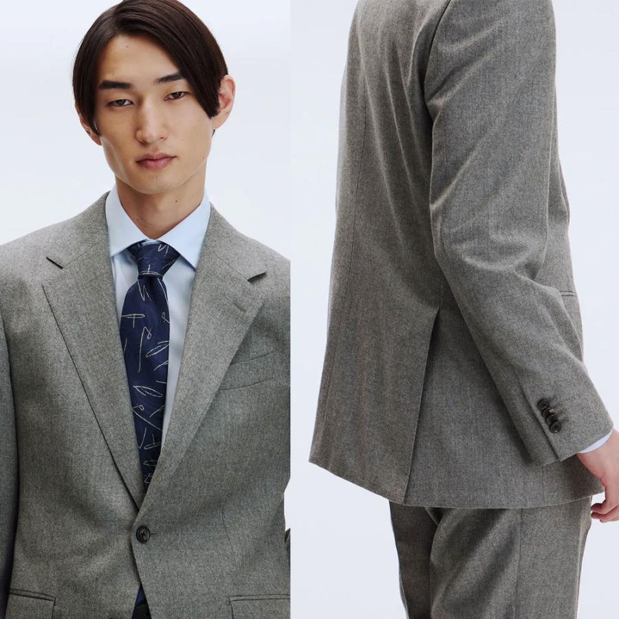 【洋服の青山】プレミアム ウール100% スーツ メンズ スリム 秋冬 グレー 灰色 織柄 2ボタン 総裏 サイドベンツ 本切羽 ワンタック ストレッチ 動きやすいの画像