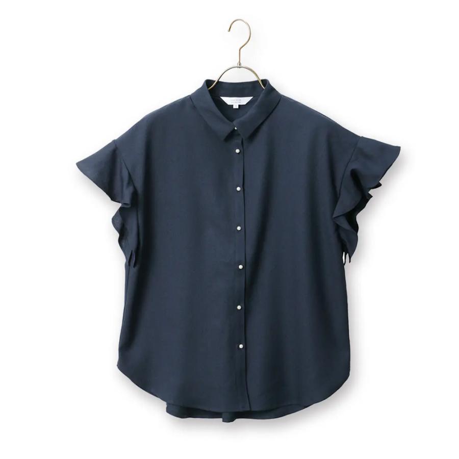AOYAMA 【洋服の青山】春夏 ネイビー系 フリル袖パールボタンブラウス