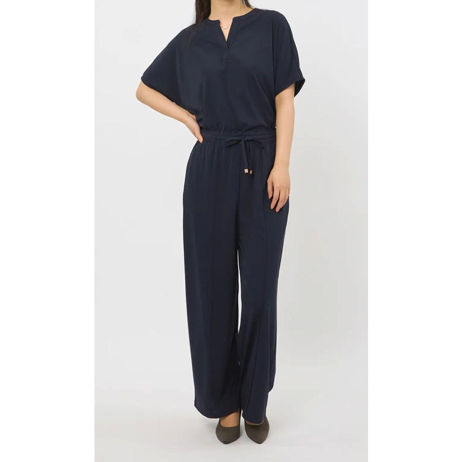 洋服の青山】ブラウス レディース 半袖 キーネック 春夏 ネイビー 紺