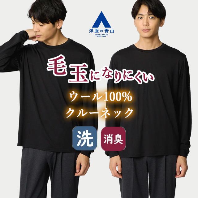 AOYAMA 【洋服の青山】洗える ウール100％ クルーネック Tシャツ 長袖