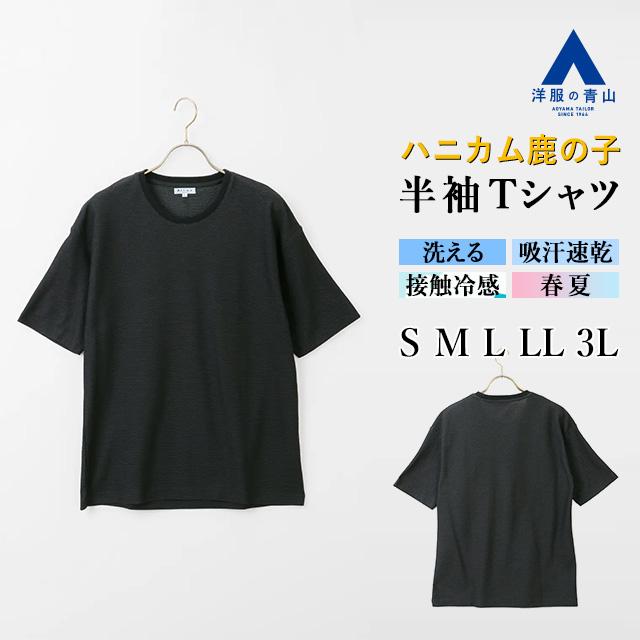 AOYAMA 【洋服の青山】Tシャツ メンズ 春夏用 ブラック 黒 ハニカム