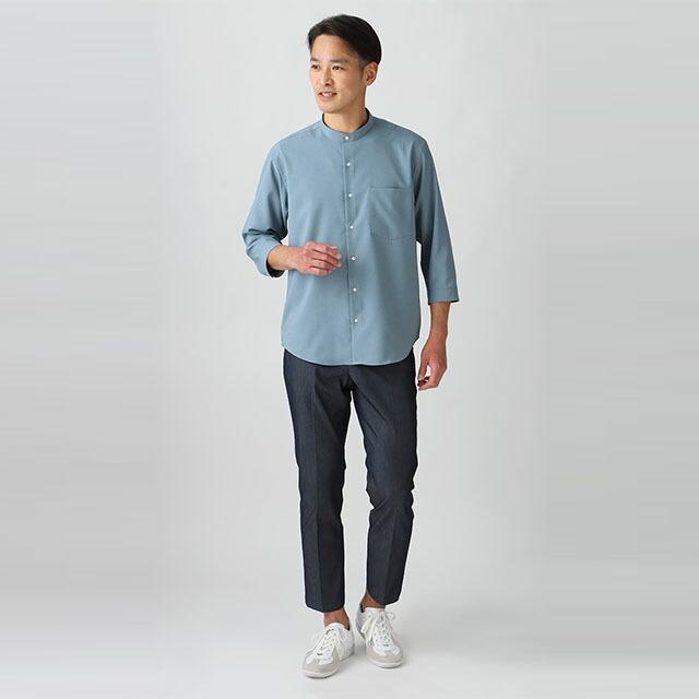AOYAMA 【洋服の青山】接触冷感 リネンライクバンドカラーシャツ 7分袖