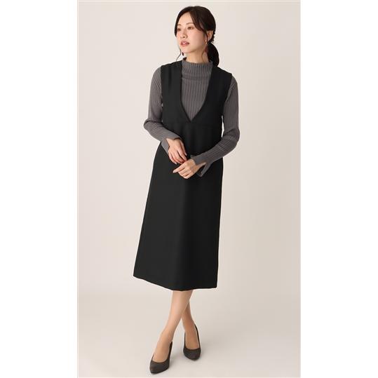 【洋服の青山】ジャンパースカート ワンピース きれいめ オフィス カジュアル ビジネス 上品 Vネック ジャンスカ サロペット ロングワンピース レイヤードの画像