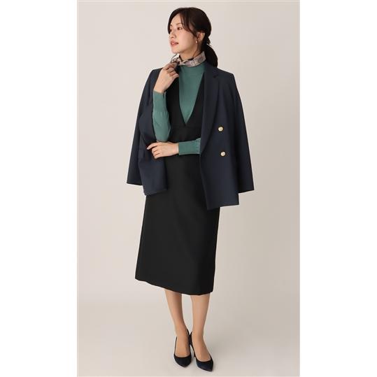 【洋服の青山】ジャンパースカート ワンピース きれいめ オフィス カジュアル ビジネス 上品 Vネック ジャンスカ サロペット ロングワンピース レイヤードの画像