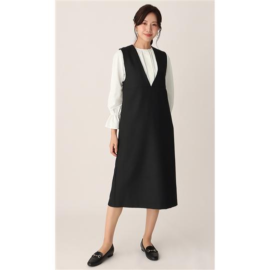 【洋服の青山】ジャンパースカート ワンピース きれいめ オフィス カジュアル ビジネス 上品 Vネック ジャンスカ サロペット ロングワンピース レイヤードの画像