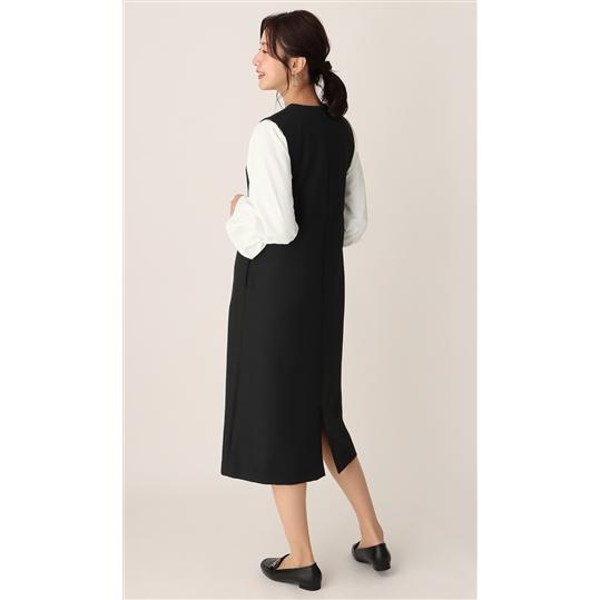 【洋服の青山】ジャンパースカート ワンピース きれいめ オフィス カジュアル ビジネス 上品 Vネック ジャンスカ サロペット ロングワンピース レイヤードの画像