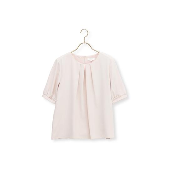 【洋服の青山】 春夏 ピンク クルーネックタックブラウス 5分袖 レディース シフォン オフィス 通勤 UVカット 透けない 速乾 汗ジミ防止｜y-aoyama｜02