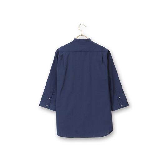 【洋服の青山】バンドカラーシャツ 7分袖 メンズ 春夏 秋冬 ネイビー 紺 オールシーズン 無地 洗える ウォッシャブル シャツ バンドカラー 綿混 サイドタック | AOYAMA | 01