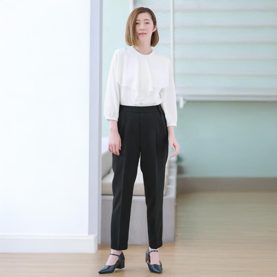 【洋服の青山】《最短当日発送》オールシーズン ブラック 黒 Aラインジャケット＆テーパードパンツフォーマル 2点セット WEB限定 ジャケット ノーカラー Aラインの画像
