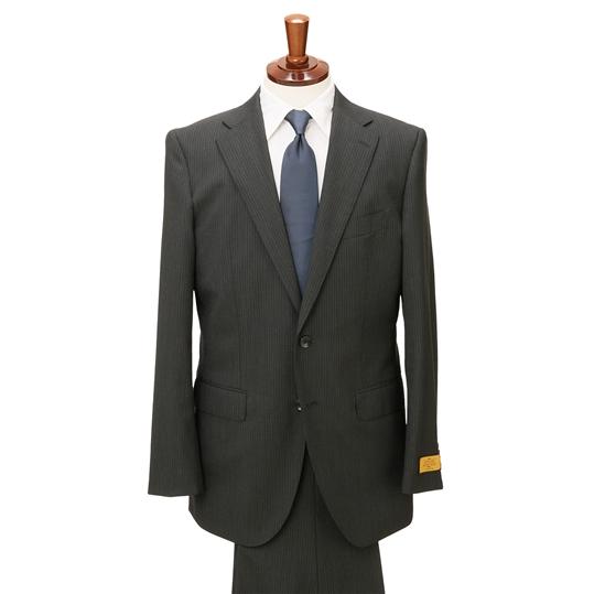 【洋服の青山】プレミアム ウール100％ ツーパンツスーツ メンズ スリム 春夏 夏 ストライプ グレー 2ボタン ノータックパンツ 動きやすい ストレッチ ビジネスの画像