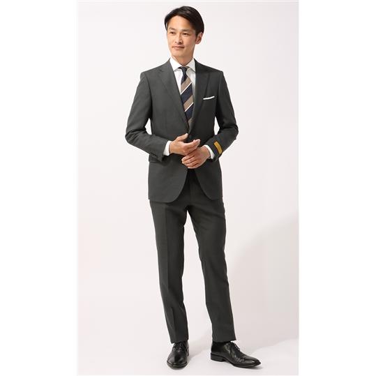 【洋服の青山】プレミアム ウール100% スーツ ツーパンツ メンズ スリム 春夏 グレー ストライプ 高品質 Super110's ストレッチ 背抜き 本切羽 ノータックの画像