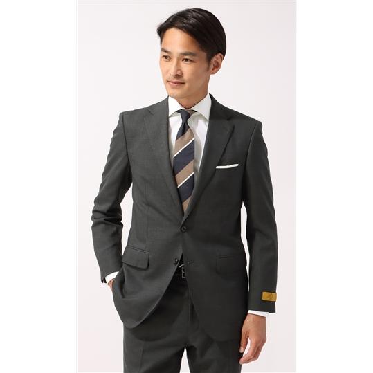 【洋服の青山】プレミアム ウール100% スーツ ツーパンツ メンズ スリム 春夏 グレー ストライプ 高品質 Super110's ストレッチ 背抜き 本切羽 ノータックの画像