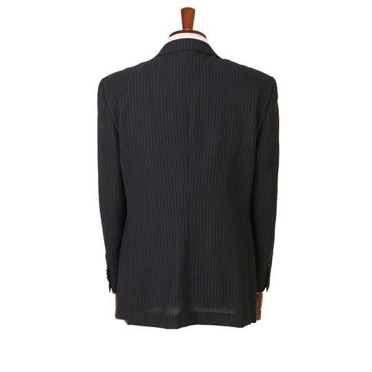 【洋服の青山】ウール100％ メンズ スーツ 春夏 ネイビー 紺 プレミアム スタンダード 標準 男性 紳士服 2ボタン 背抜き ワンタック ストライプ 吸湿の画像