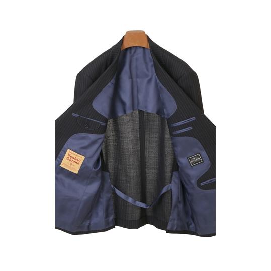 【洋服の青山】ウール100％ メンズ スーツ 春夏 ネイビー 紺 プレミアム スタンダード 標準 男性 紳士服 2ボタン 背抜き ワンタック ストライプ 吸湿の画像