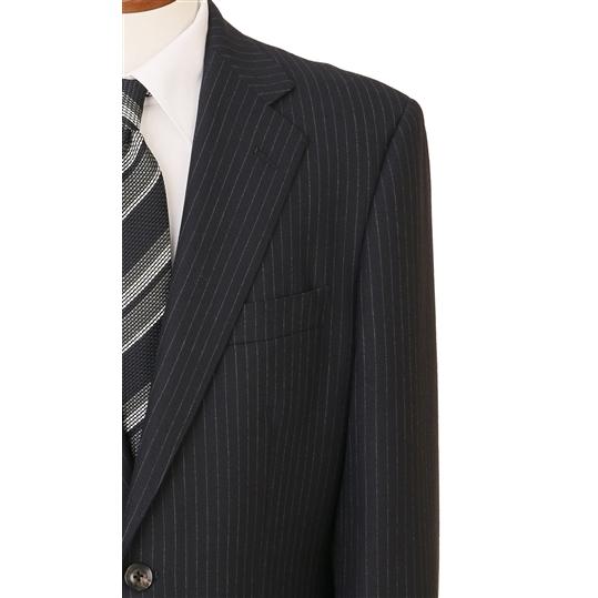 【洋服の青山】ウール100％ メンズ スーツ 春夏 ネイビー 紺 プレミアム スタンダード 標準 男性 紳士服 2ボタン 背抜き ワンタック ストライプ 吸湿の画像