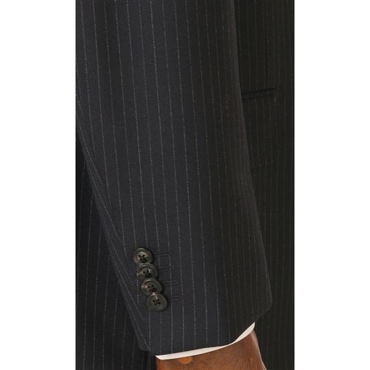 【洋服の青山】ウール100％ メンズ スーツ 春夏 ネイビー 紺 プレミアム スタンダード 標準 男性 紳士服 2ボタン 背抜き ワンタック ストライプ 吸湿の画像