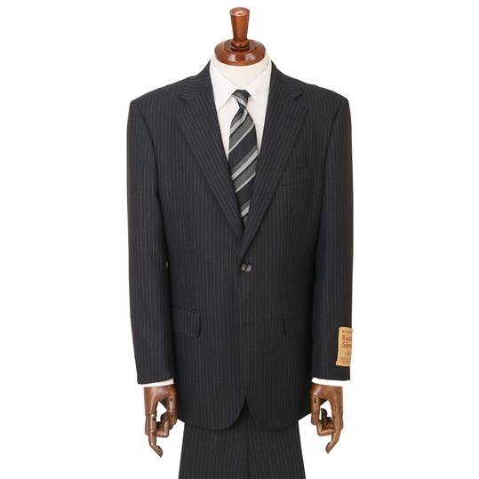 【洋服の青山】ウール100％ メンズ スーツ 春夏 ネイビー 紺 プレミアム スタンダード 標準 男性 紳士服 2ボタン 背抜き ワンタック ストライプ 吸湿の画像