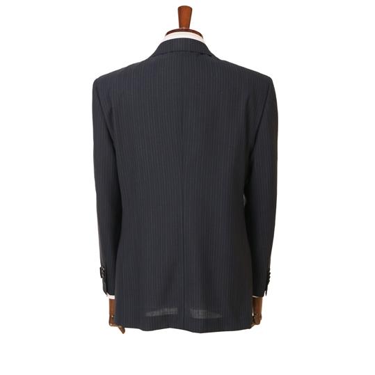 【洋服の青山】プレミアム ウール100％ スーツ メンズ レギュラー 春夏 ネイビー 紺 ストライプ 2ボタン サイドベンツ ワンタックパンツ 静電気抑制の画像