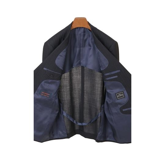 【洋服の青山】プレミアム ウール100％ スーツ メンズ レギュラー 春夏 ネイビー 紺 ストライプ 2ボタン サイドベンツ ワンタックパンツ 静電気抑制の画像