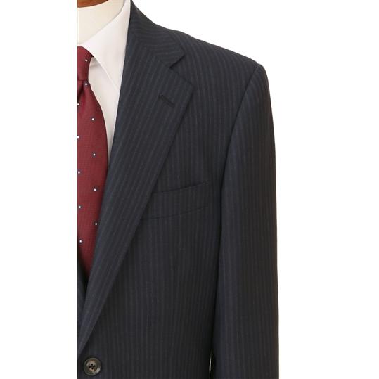 【洋服の青山】プレミアム ウール100％ スーツ メンズ レギュラー 春夏 ネイビー 紺 ストライプ 2ボタン サイドベンツ ワンタックパンツ 静電気抑制の画像