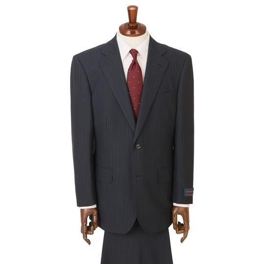 【洋服の青山】プレミアム ウール100％ スーツ メンズ レギュラー 春夏 ネイビー 紺 ストライプ 2ボタン サイドベンツ ワンタックパンツ 静電気抑制の画像