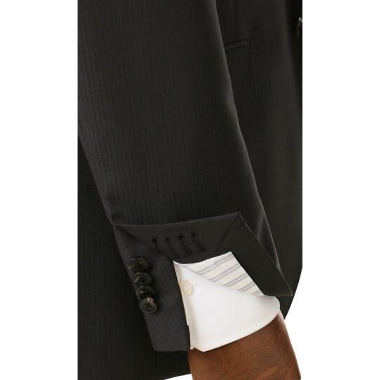 【洋服の青山】ウール100％ スーツ メンズ スリム 春夏秋冬 オールシーズン グレー ストライプ 2ボタン 背抜き サイドベンツ ノータック ストレッチ 動きやすいの画像