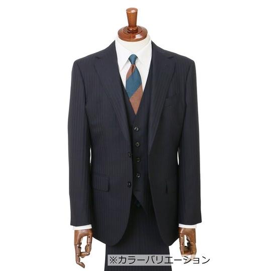 【洋服の青山】スリーピース スーツ メンズ スリム 春夏秋冬用 ブラック系 ストライプ ウール100% ベスト 付き 2ボタン ノータック ストレッチ 動きやすいの画像