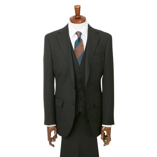 【洋服の青山】メンズ スリーピース スーツ ベスト付き ビジネス オフィス 春夏 秋冬 オールシーズン 黒 ブラック系 プレミアムスタイリッシュスーツ ストレッチの画像
