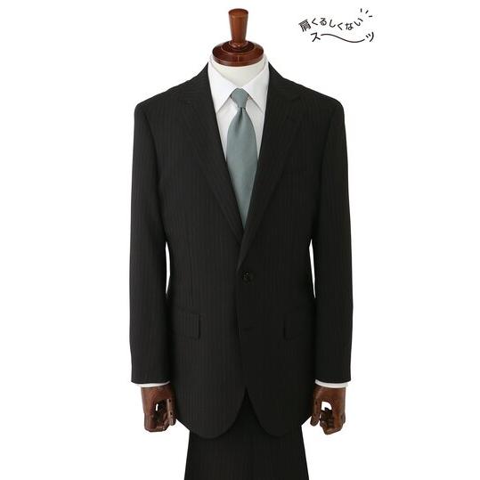 【洋服の青山】2パンツ 2タック 肩くるしくないスーツ メンズ ゆったり 春夏 ブラック 黒 ストライプ ツーパンツ ツータック 大きいサイズ 2ボタン シングルの画像