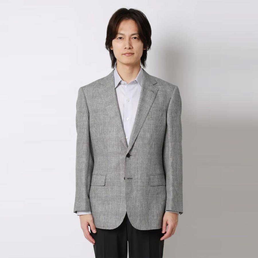 【洋服の青山】プレミアム ジャケット メンズ 春夏 スタンダード グレー 灰色 グレンチェック 麻混 吸湿 静電気抑制 2ボタン 背抜き 本台場 メンズジャケットの画像