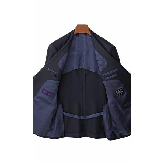 【洋服の青山】プレミアム ウール100％ ジョン キャベンディッシュ インポート生地 スーツ メンズ ゆったり 春夏 ネイビー 紺 ストライプ 通勤 出張 営業 式典の画像