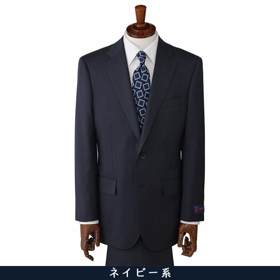 【洋服の青山】プレミアム ウール100％ ジョン キャベンディッシュ インポート生地 スーツ メンズ ゆったり 春夏 ネイビー 紺 ストライプ 通勤 出張 営業 式典の画像