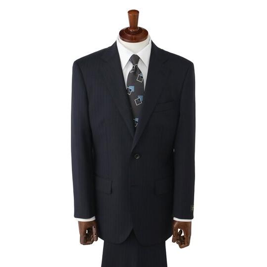 【洋服の青山】DORMEUIL ドーメル ウール100% 本台場 サイドベンツ プレミアム スーツ メンズ ゆったり 春夏 ネイビー 紺 ストライプ 大きいサイズ ワンタックの画像